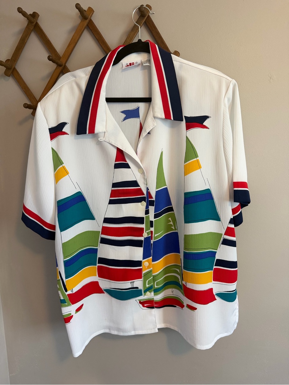 Vintage Alia Sailboat Print Short Sleeve Button Front Blouse Nautical White 18